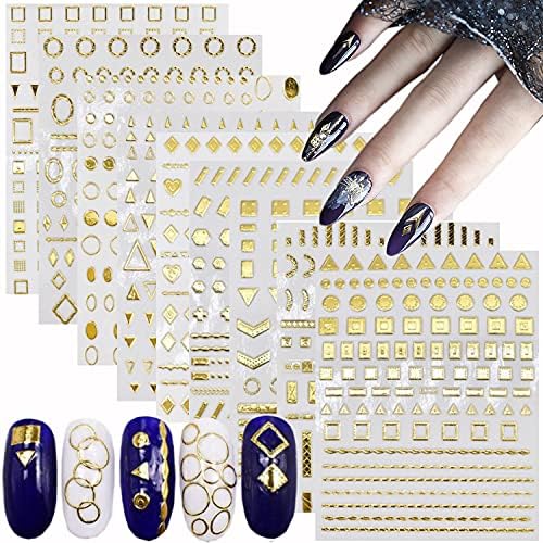 9 Sheets Metallic Gold Nail Art Stickers 3D Nail Decals Holographic Metallic Chains Line Heart Wave Point Circle Nail Art Design Laser Gold Glitter Nails Supplies for Nail Art Decoration Nail Sticker
