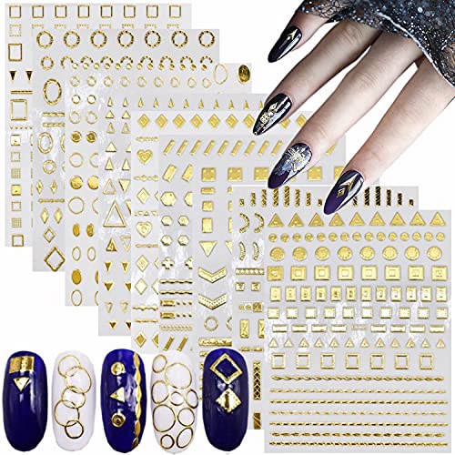9 Sheets Metallic Gold Nail Art Stickers 3D Nail Decals Holographic Metallic Chains Line Heart Wave Point Circle Nail Art Design Laser Gold Glitter Nails Supplies For Nail Art Decoration Nail Sticker #TOP20