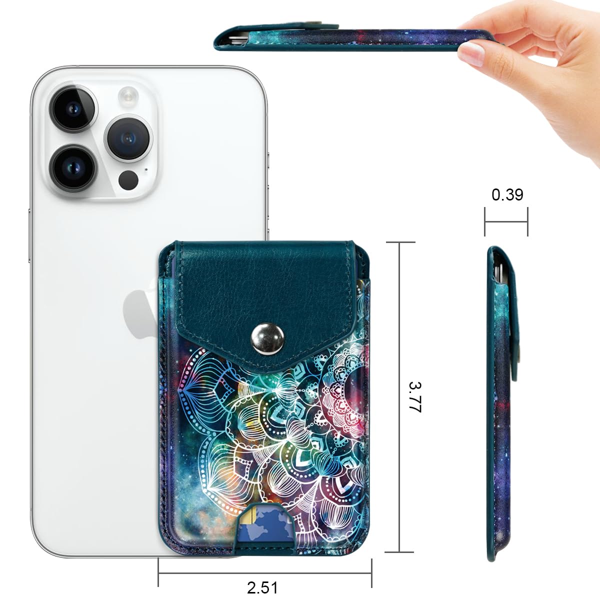 Yiyahu Self Adhesive Card Holders for Back of Phone, Leather RFID Phone Wallet Pockets with Snap, Slim Card Holders Sleeve for Phone Case, Mandala