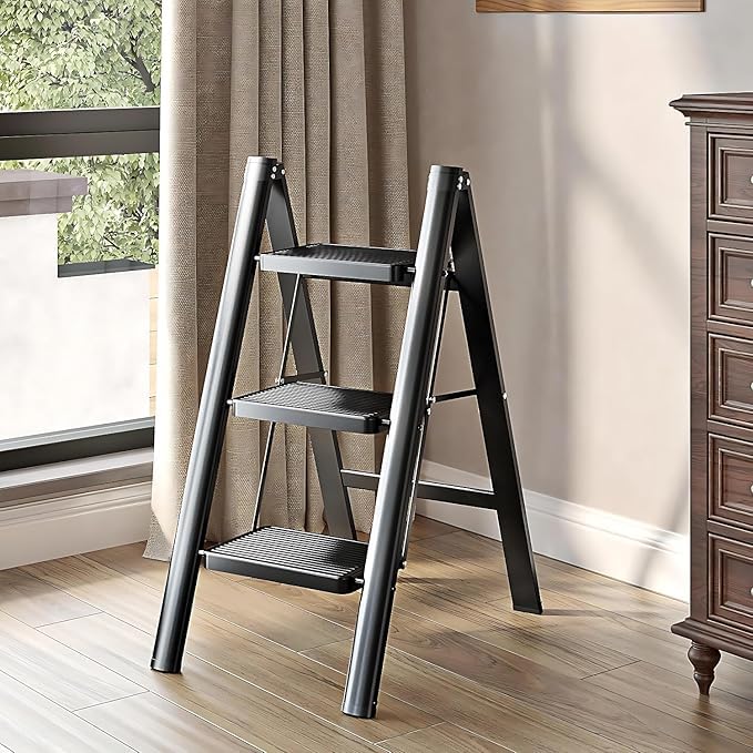Image of Folding 3 Step Steel Step Ladder - Black Modern Style Foldable Stool with Wide Anti-Slip Pedals - Heavy-Duty Portable Step Ladder for Home, Kitchen, Garage Use (1Pcs)