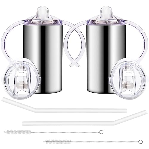 Miniatura 1 de Vasos para sorber aislados de acero inoxidable de 12 onzas con asas, paquete de 2 vasos al vacío a prueba de derrames para niños pequeños, vaso de