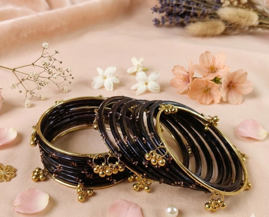 Image of NMII Viral Multi Colour Glass Bangles with Golden Ghungroo Charms & Stone Work For Women & Girls | Fancy Designer Glass Bangle | Traditional Chudi | Kanch Ki Churi | Stylish Ghungroo Bangle For Women