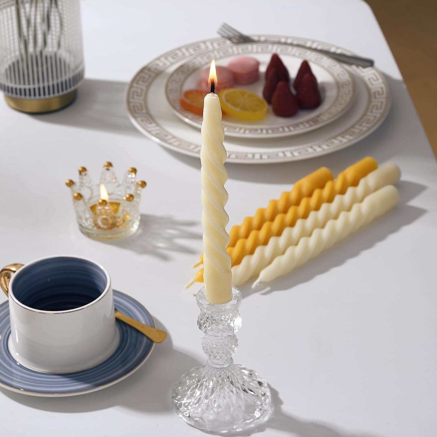 16PCS 7-Inch Pure Beeswax Spiral Taper Candles, Twisted Stick Candles, Dripless & Unscented for Weddings, Christmas, Dinner, Meditation - White