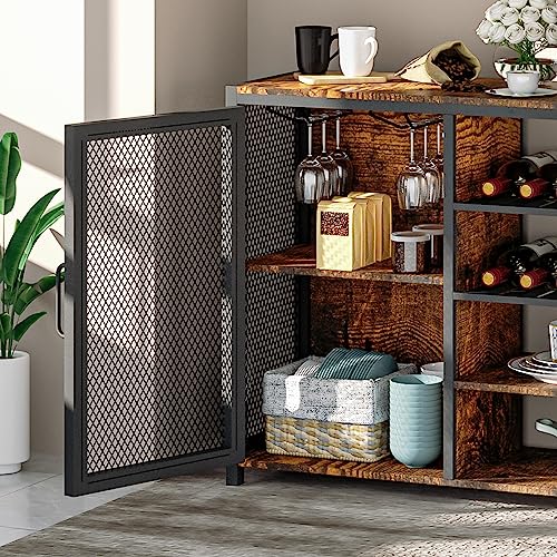 WASAGUN Bar Cabinets for Home,LED Coffee Bar with Power Outlets,47 Inch Sideboard,Industrial Liquor Cabinet with Wine Rack and Glass Holder,Kitchen,Dining Room,Brown