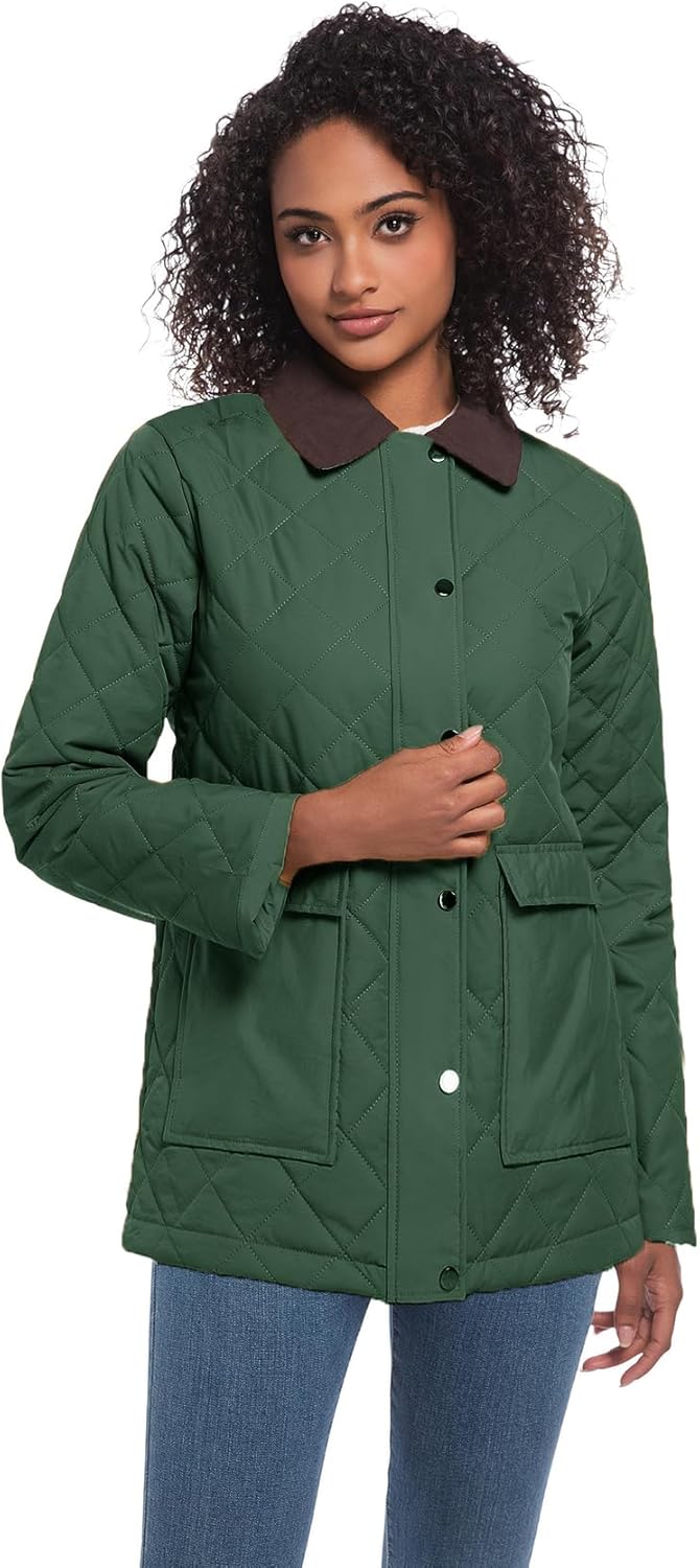 Quilted Barn Jacket for Women Corduroy Collar Lightweight Puffer Jackets Casual Winter Coat with Pockets - Image 4