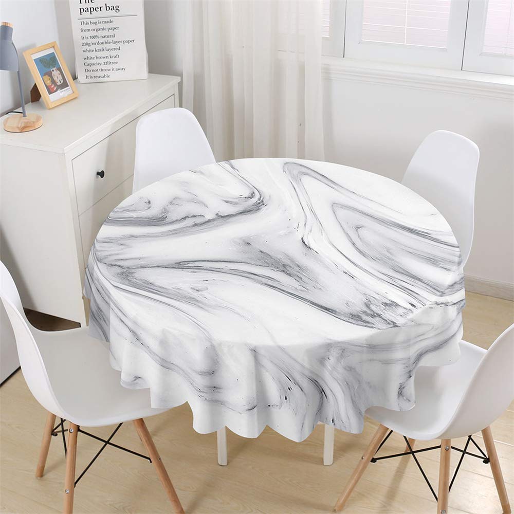 Chickwin Modern Round Tablecloth Marbling Pattern Waterproof Dust-Proof Polyester Fabric Outdoor Table Cloth Wipe Clean Table Cover Kitchen Garden Round Tabletop Decor (White,90cm)