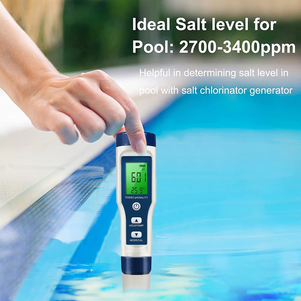 Testeur TDS, pH Mètre 5 en 1 pH Metre Piscine et Testeur Piscine Electronique, Mesure TDS/pH/Salinité/EC/Température, Écran LCD Rétroéclairé, Pour Piscine, Eau Potable, Hydroponie, Aquarium