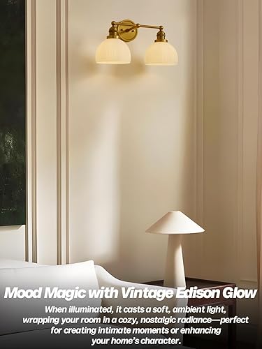 Miniatura 4 de Aplique de pared dorado de 2 luces, aplique de pared vintage para baño, con vidrio de leche, doble brazo de latón, lámpara de tocador para sala de