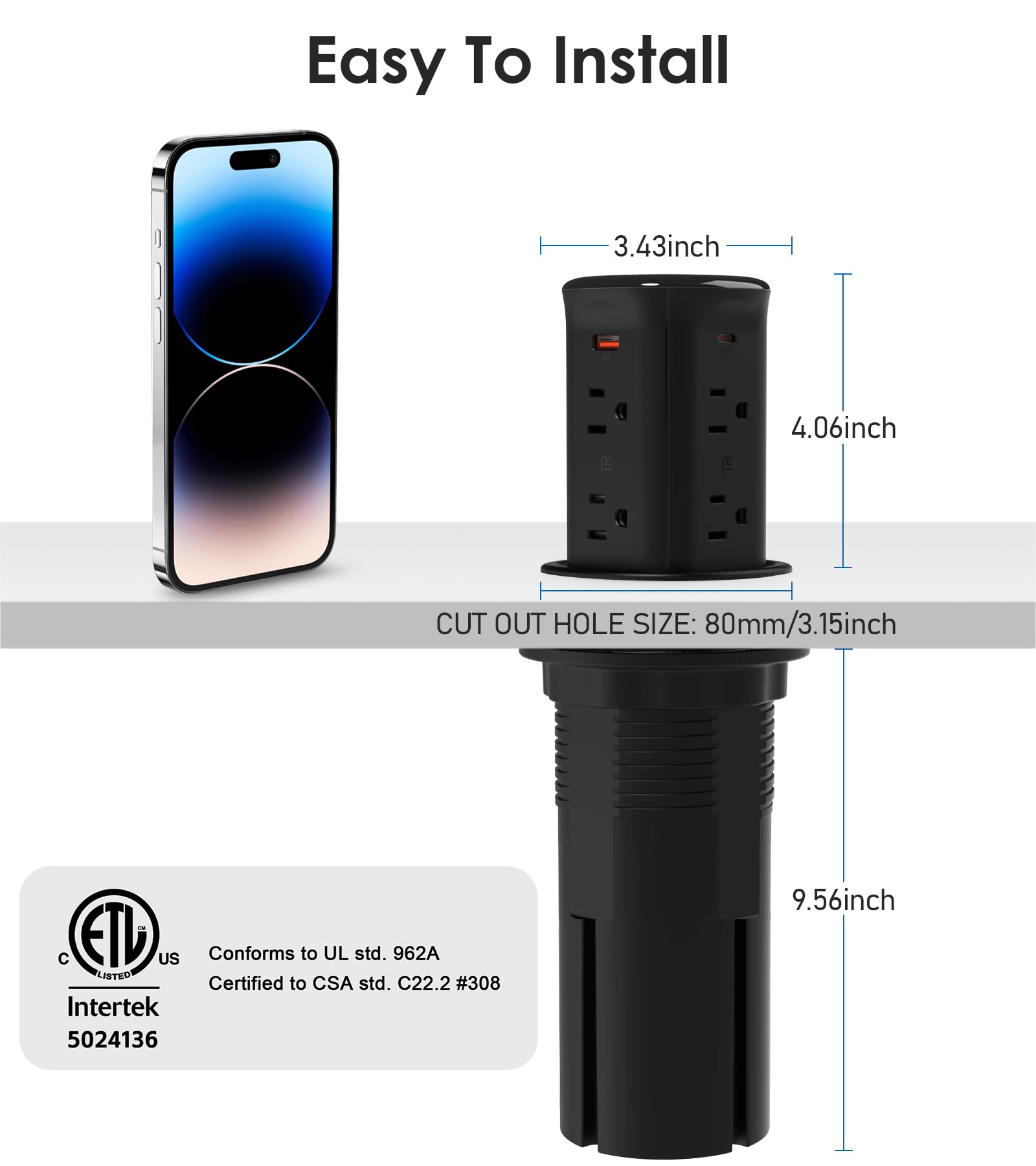 3in Pop Up Receptacle 20W USB-C 15W Wireless Charger - Dettaglio