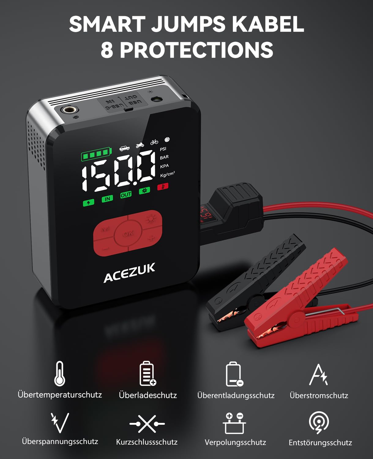 Q18 Jump Starter Power Bank With 150 PSI Compressor, 4000 A Car Jump Starter Power Bank With LED Light & Quick Charge, 12 V Booster Car Jump Starter For Up To 10.0 - View #3