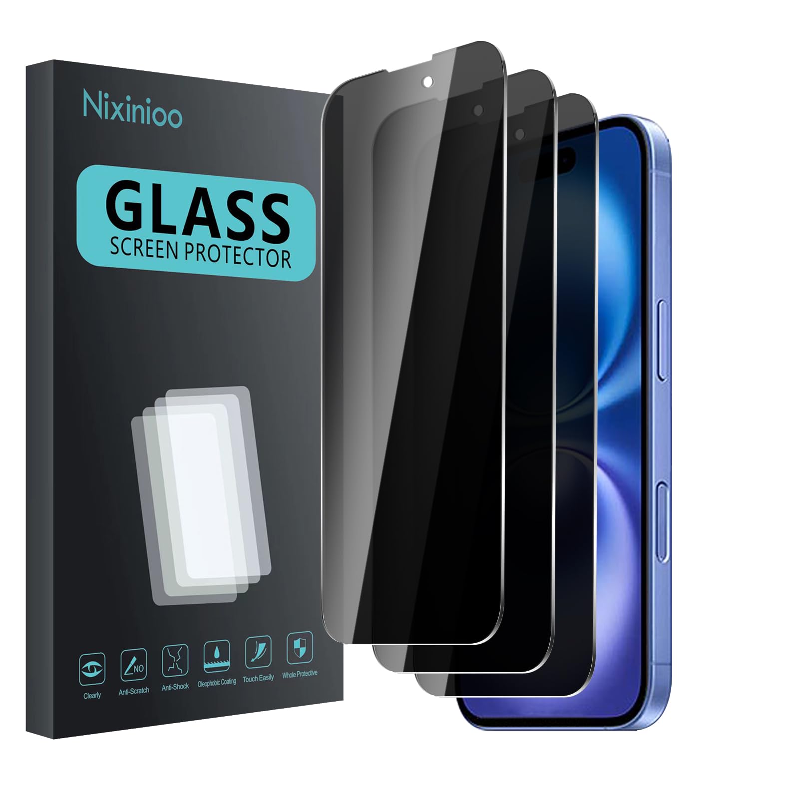 Nixinioo 3 Pack Privacy Screen Protector for iPhone 16 / iPhone 15 / iPhone 15 Pro, Anti Spy Tempered Glass 9H Hardness, Black Protector Anti Spy,