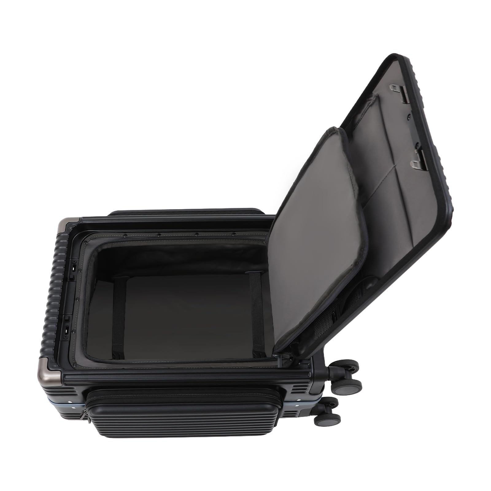 Wielofunkcyjna walizka podróżna na kółkach, trzy otwory, z uchwytem na napoje, zamkiem szyfrowym, portami USB i typu C, nośność ok. 75 kg, czarny, 20 Zoll, Nowoczesny