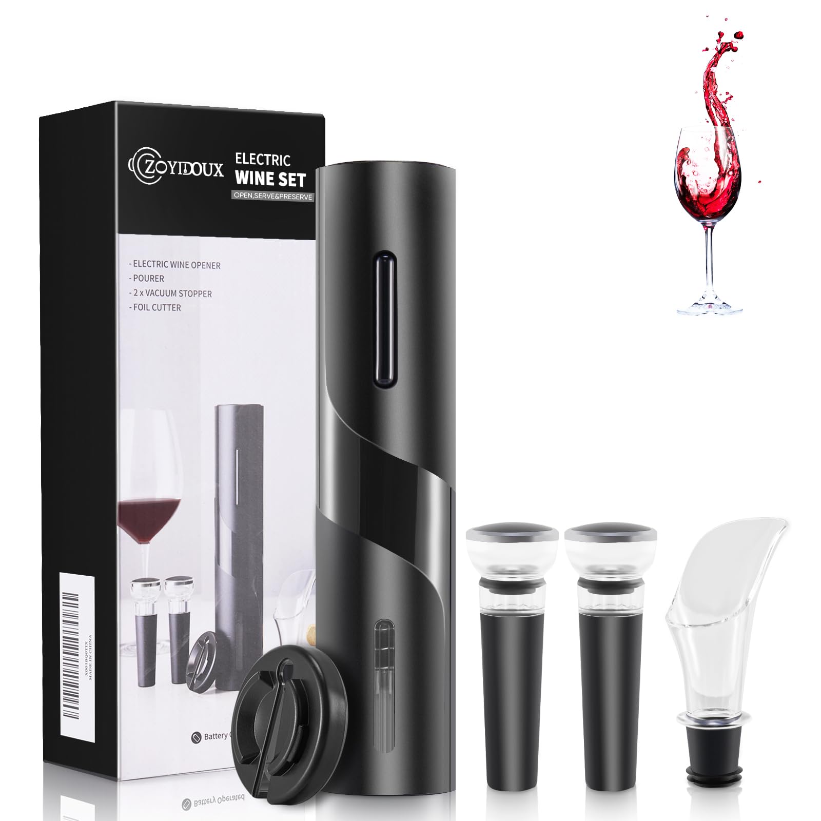 Abridor de vino electrico 5 en 1 Juego, sacacorchos eléctrico Portátil, set sacacorchos electrico, con cortador de papel de aluminio, 2* Tapón de Vino Silicona de Vacío y Vertedor de Vino