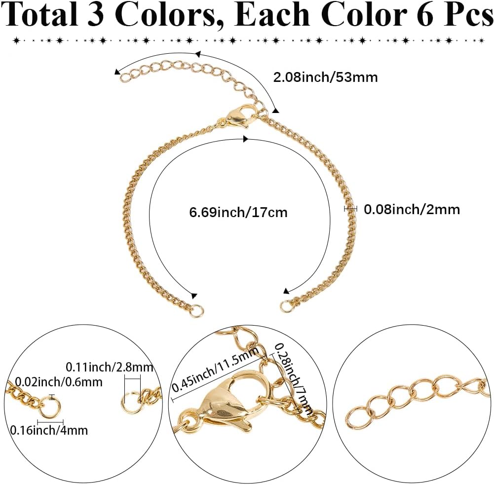 SUNNYCLUE 1 Box 18Pcs 3 Colors Oval Link Bracelet Stainless Steel Bracelet Links Gold Silver Black Metal Adjustable Extender Chains with Lobster Claw Clasps Jump Rings for Jewelry Making DIY Crafts - Image 2