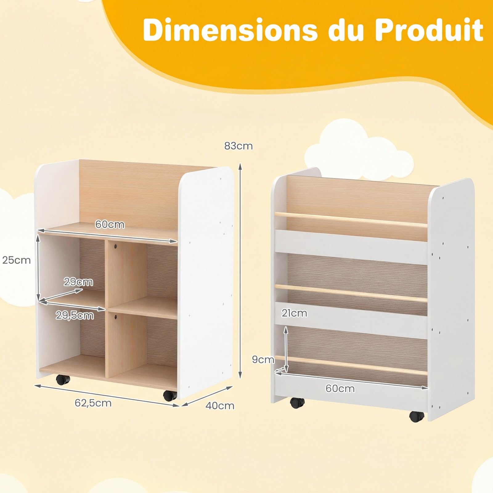 COSTWAY Bibliothèque Enfant Double Face avec 3 Étagères et 5 Casiers Ouvertes, Étagère à Livres Enfant avec 4 Roues, Kit Anti-basculement, Organiseur de Jouets pour Salle de Jeux Crèche
