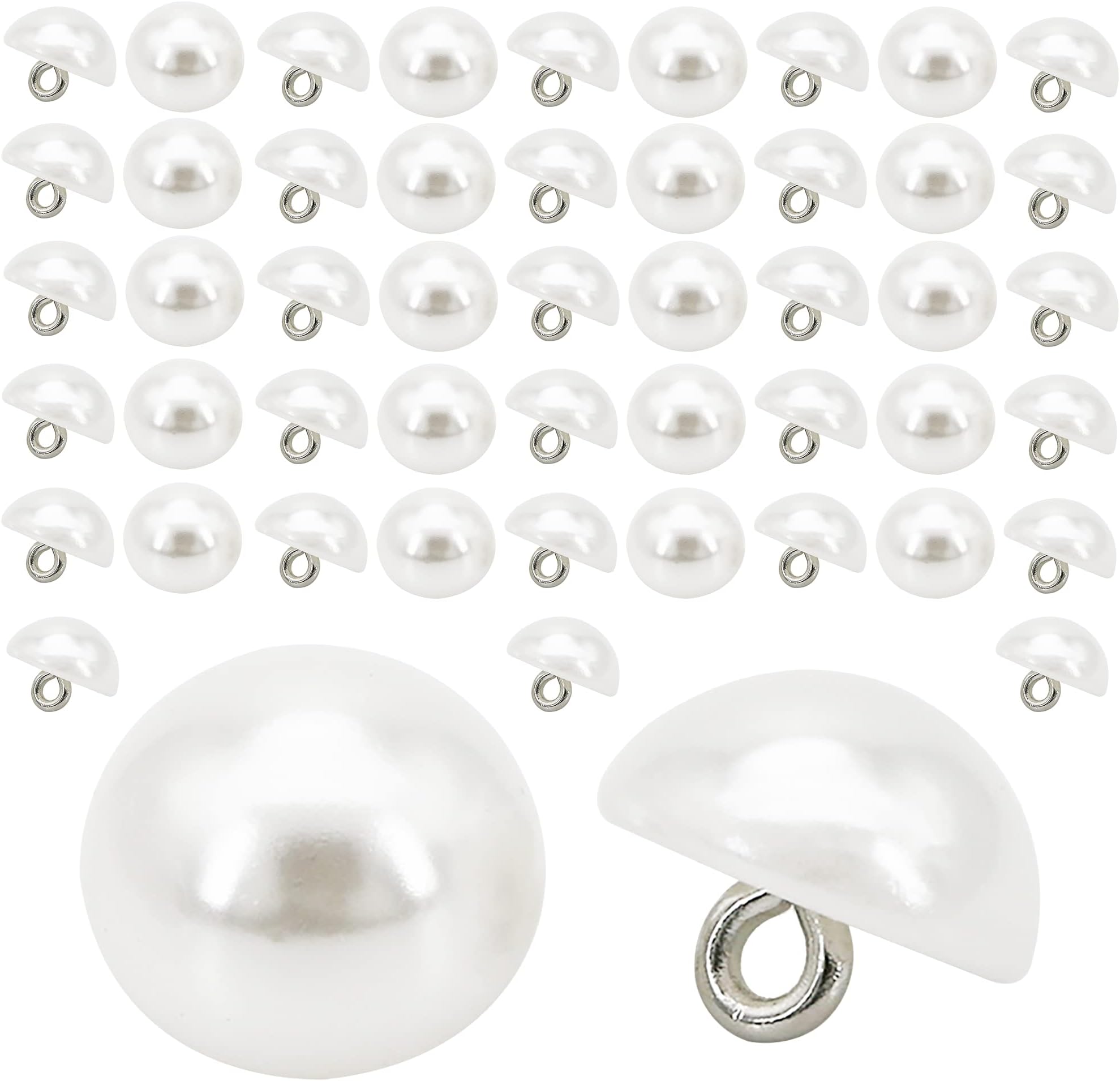 50 Pieces White Pearl Buttons Semi-Circular Pearl Buttons Cap Half Ball Dome with Metal Circle Hook Buttons for Sewing Accessories-10mm