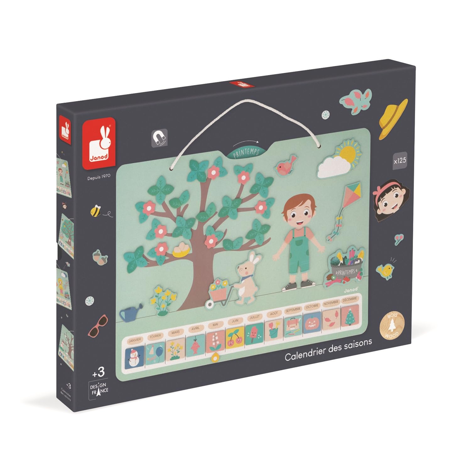 Janod - Calendario delle Stagioni - Calendario Educativo in Legno per Bambini 42 x 32 cm - Magnetico - 125 Magneti - Tempo e Stagioni - Versione Inglese - Dai 3 Anni, J5464