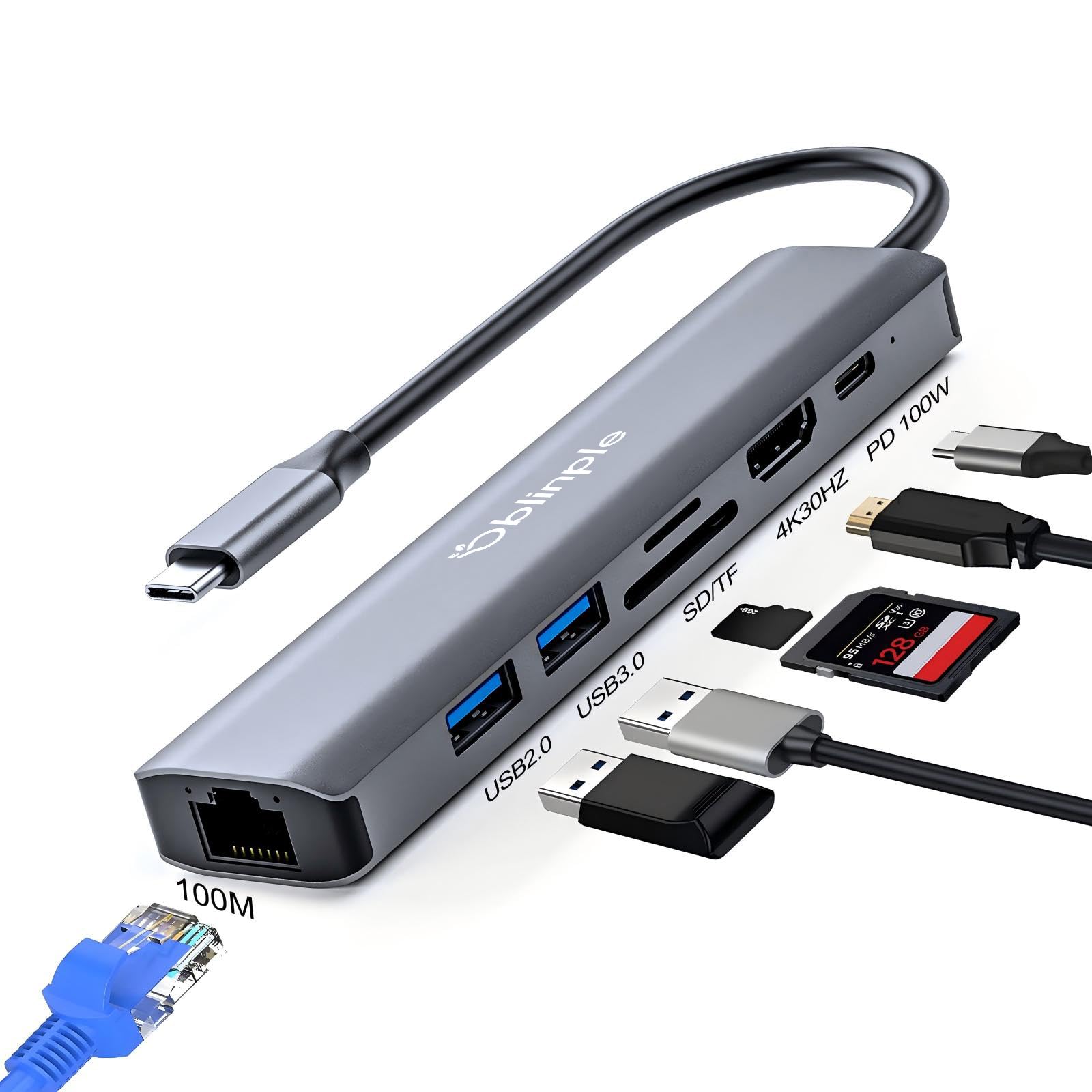 Oblinple 7 in 1 USB C Hub, Multiport Ethernet Adapter mit 4K HDMI, PD 100W, LAN RJ45, USB 3.0 5Gbps, USB 2.0 Port, SD TF Kartenleser, Typ C Docking Station