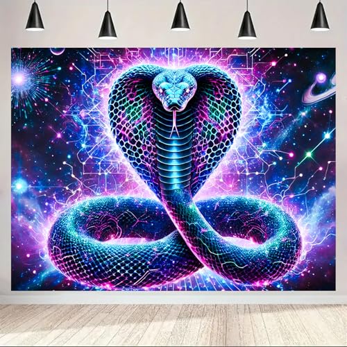 Image of BlissYard Blacklight Tapestry Cobra Snake Decor 78x59 Inch Neon Glow in Dark Backdrop Blacklight Tapestry Psychedelic Galaxy Reptile Scene for Bedroom Wall Hanging Party Room Cosmic Jungle Art
