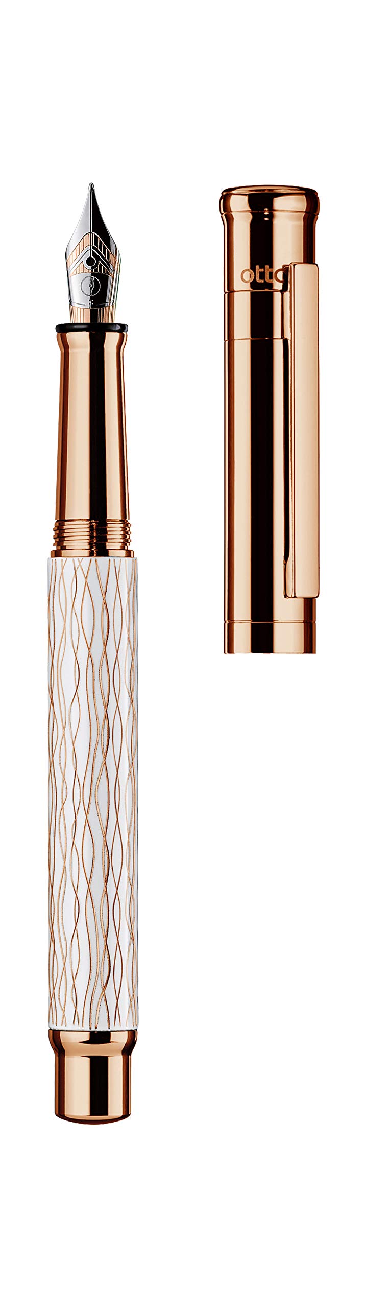 Otto Hutt Design 04 Füllfederhalter Weiß, mit Schaft Roségold beschichtet und Wellen-Guilloche, Kappe und Beschlagteile glanz Roségold beschichtet, Stahlfeder, Federstärke: B, 068-16451