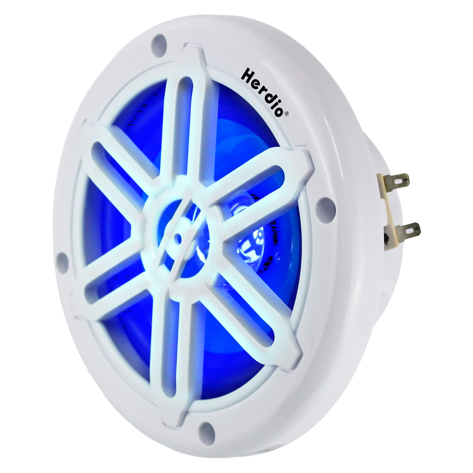 Herdio 6.5" 350W Marine Speakers - IP66 Waterproof Coaxial Audio, with Blue LED Light for Boats, ATVs, UTVs with UV Resistant White Grille (A Pair)