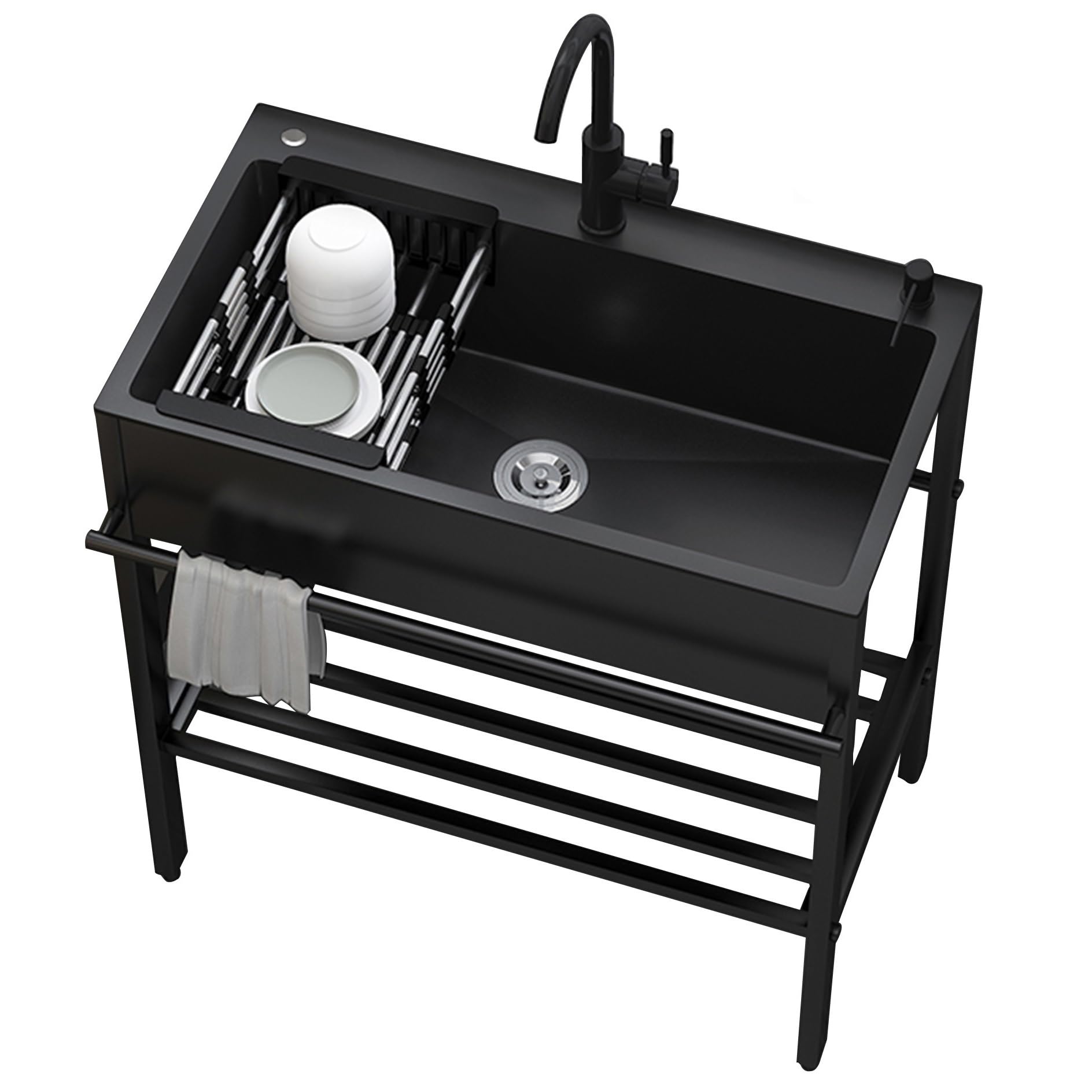 Fregadero Exterior Jardin,Fregadero de Acero Inoxidable,Fregadero de Cocina Negro, 1 Compartimento,Mueble Fregadero de baño con Grifo,para Restaurante Garaje Industrial Lavandería(60x45x86cm)