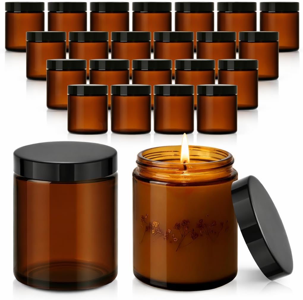 Bumobum 24 Pack 8 oz Amber Glass Jars with Lids, Thick Empty Cosmetic Containers for Candles, Body Butter, Lotions, Creams, Spices, Powders, Food Storage