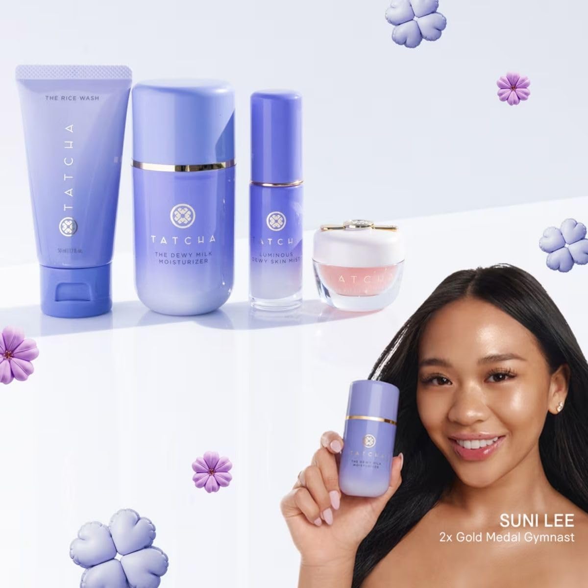 TATCHA Suni Lee's Favorites for Bouncy Skin - The Dewy Milk Moisturizer & Kissu Lip Mask + The Travel-Sized Rice Wash & Dewy Skin Mist