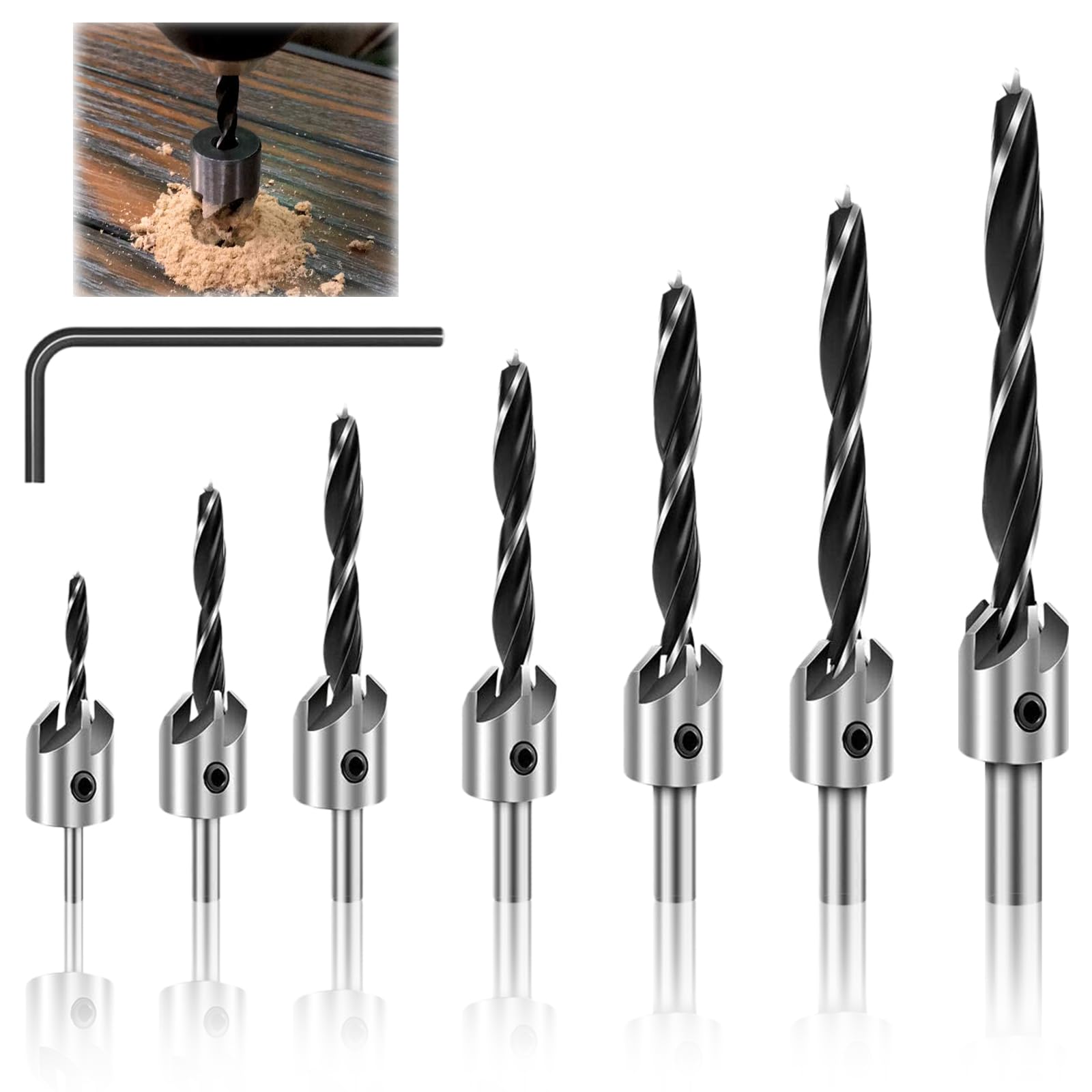 Set di 7 punte per legno con arresto di profondità 3, 4, 5, 6, 7, 8, 10 mm, set di punte per la lavorazione del legno, coniche con arresto di profondità