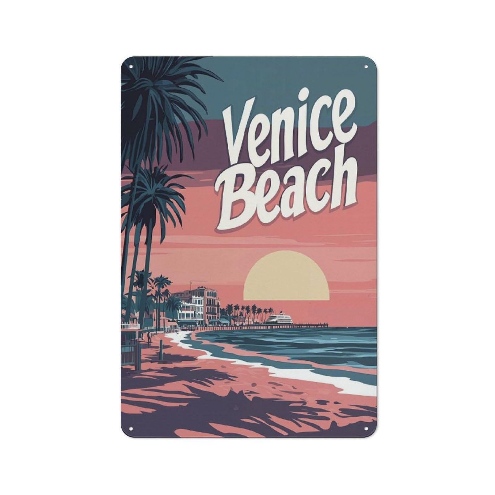 Junmoney Venice Beach Sunset Metal Wall Plaque 30X20cm, Everyday Small Space Decor For Flat, Dorm Room, Lounge Or Cafe
