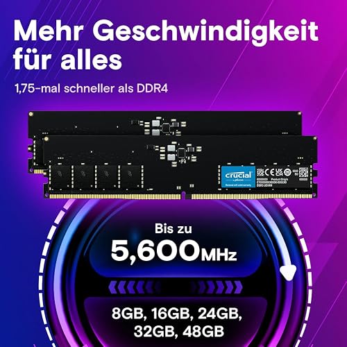 Crucial RAM DDR5 16Go 4800MHz, PC Mémoire, CL40 - CT16G48C40U5 - 3