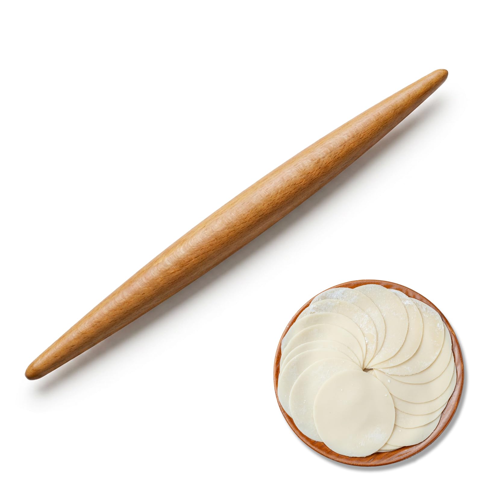 French Rolling Pin, 32cm Tapered Solid Wooden Rolling Pin