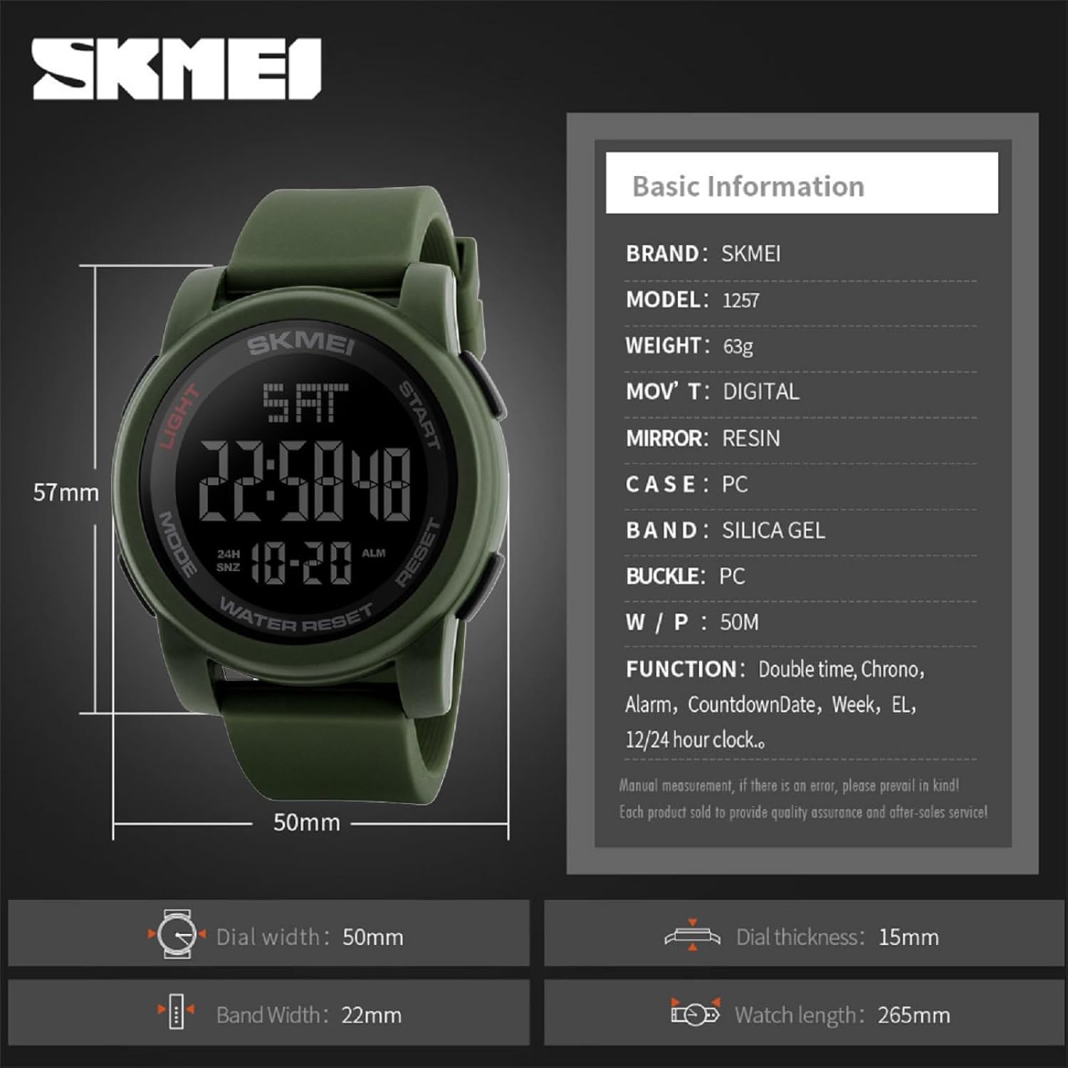 SKMEI Digital Military Watch Model 1257 dimensions and basic information