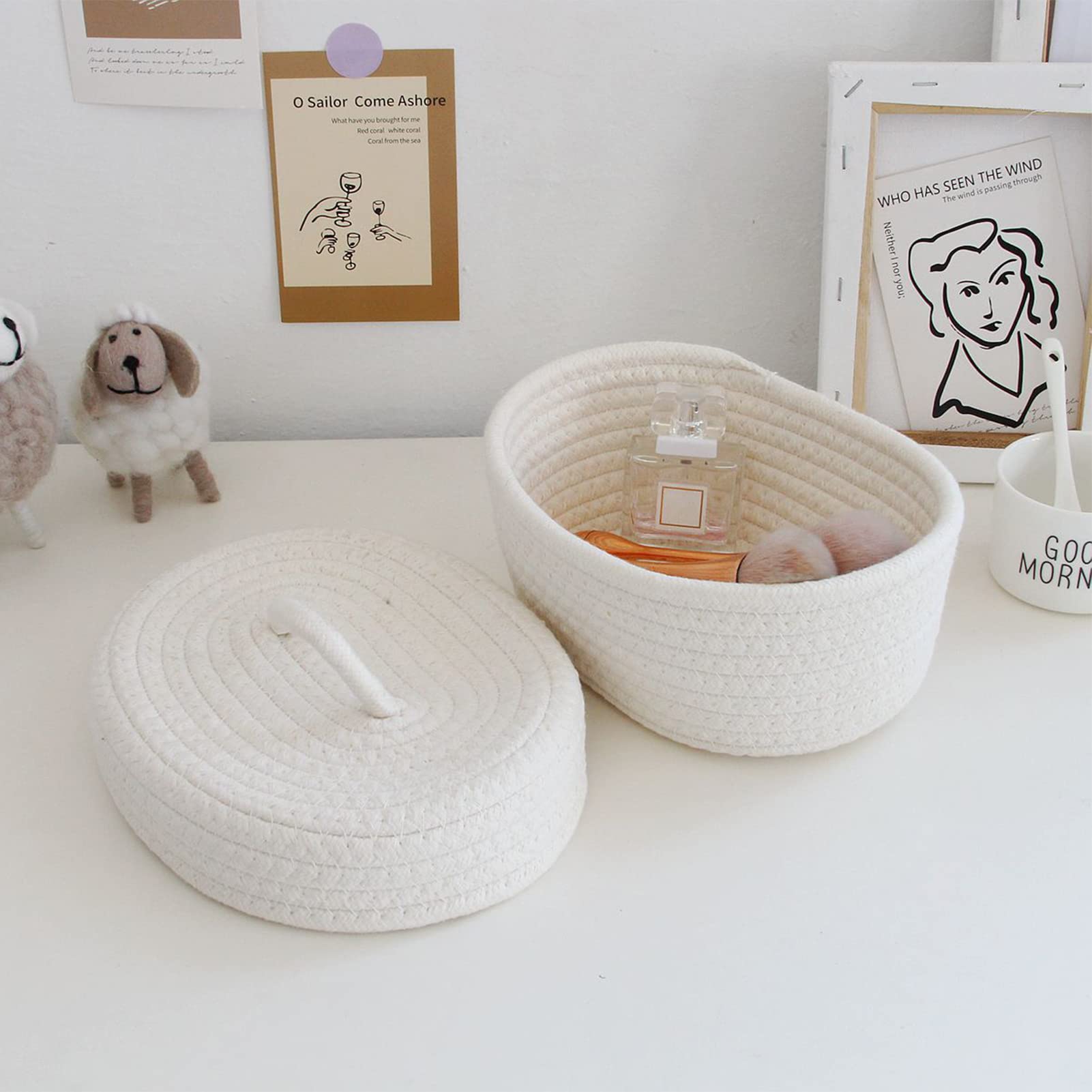 Naroote Cestino Portaoggetti in Corda di Cotone, Scatola Portaoggetti da Scrivania Decorativa Morbida per la Pelle con Coperchio per la Cameretta dei Bambini (Latte Bianco)