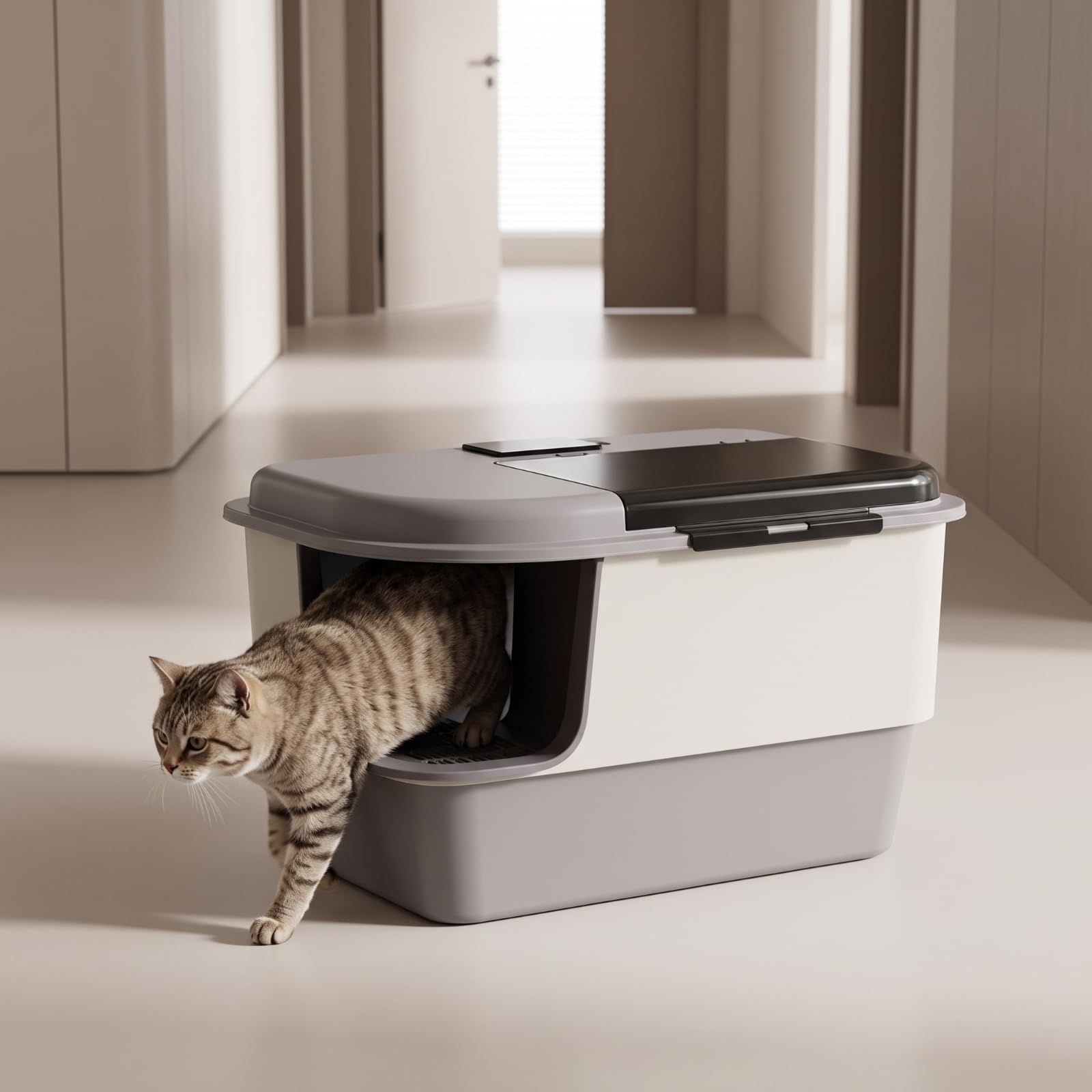 rockible Arenero con Pasillo Antidispersión Arenero Cerrado Amplio Caja con Tapa para Gatos, Azul Y Blanco