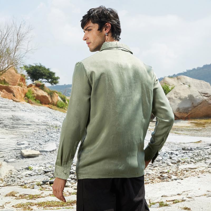 Image of CAHOOT Men's Olive Shirt Casual Wear | Shawl Collar | Long Sleeve | Button Closure | Shirt Crafted with Comfort Fit for Everyday Wear