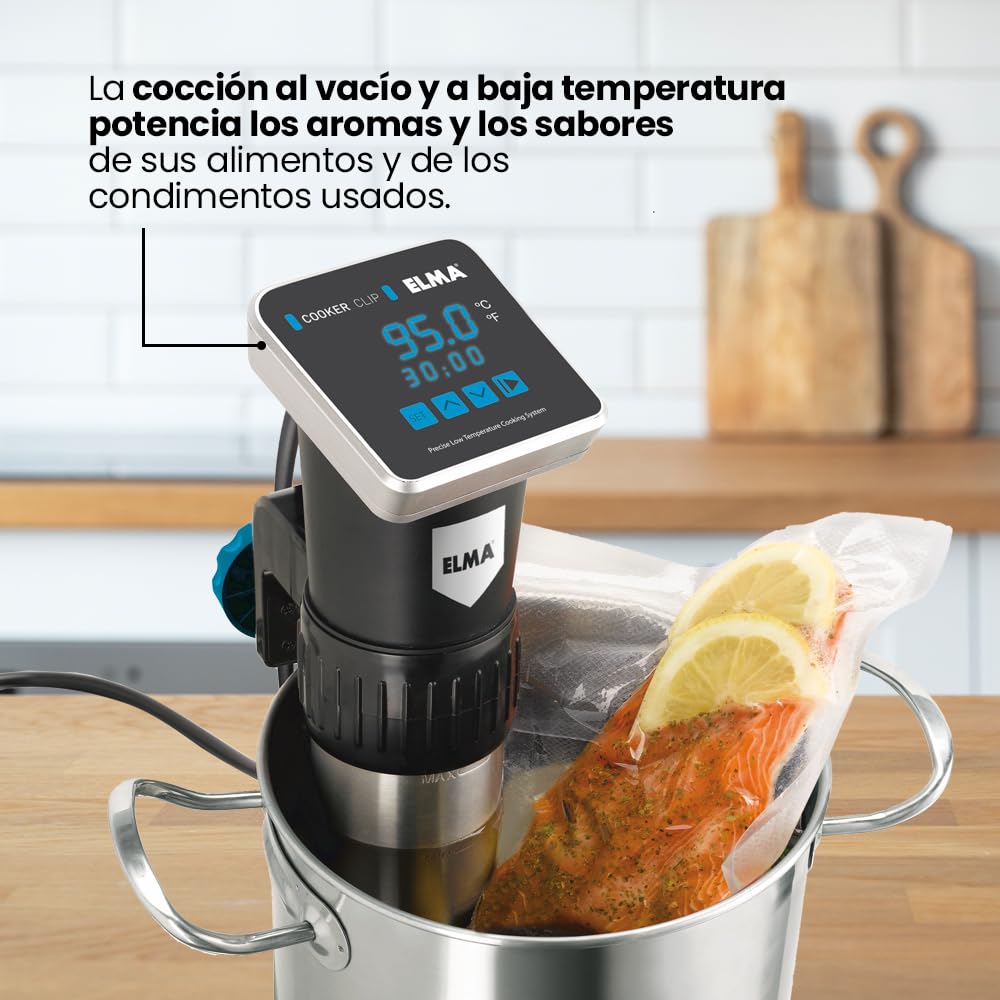 ELMA Termocirculador para Cocinar a Baja Temperatura Alimentos Envasados al Vacío | Modelo Cooker Clip Sous Vide 1200W, Inmersión a Prueba de Agua IPX7 | 9,2 x 16,1 x 33,0 cm