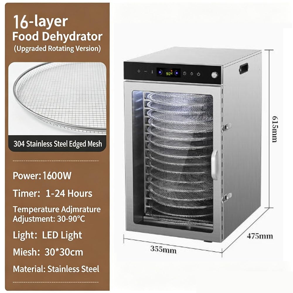 Essiccatore Alimentare professionale Acciaio Inox, 1600W, 16 rotante vassoi, Display LED, Grande Capacità, Timer 24H, Temperatura Regolabile 30℃ – 90℃, per Carne, Frutta, Verdure(16tray)