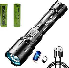 Lanterna Tática Militar 3600 Lúmens, 4000mAh Lanterna LED Recarregável Super Potente, IPX5, Carregamento Bidirecional Type C+USB, Zoom Ajustável, Alcance até 2000m, 4 Modos para Camping Trilhas Pesca