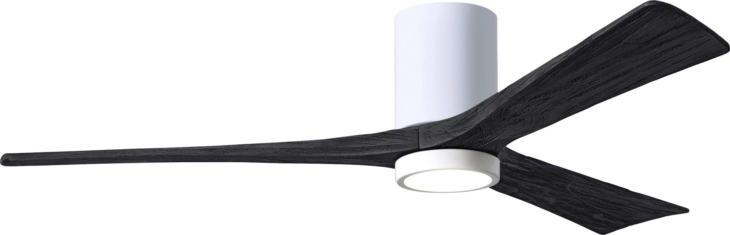 Matthews IR3HLK-WH-BK-60 Irene Indoor/Outdoor Damp Rated 60" Flush Mount Ceiling Fan with LED Light and Remote & Wall Control, Silent DC Motor, 3 Matte Black Solid Wood Blades, Gloss White