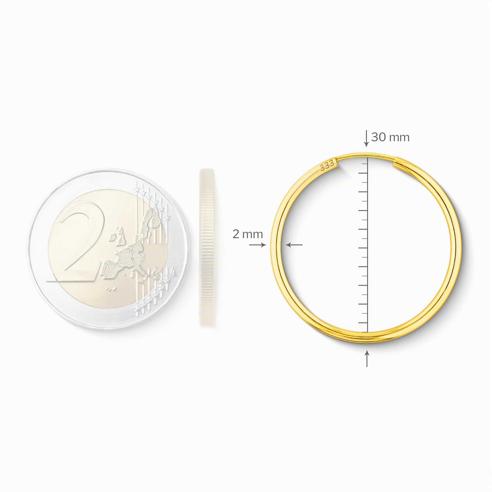 EDELIND Pendientes de aro 30mm 18K 14K 9K 8K Oro amarillo Aros de oro Mujer, 2 mm de ancho Aretes Mujer con Caja de regalo de joyería