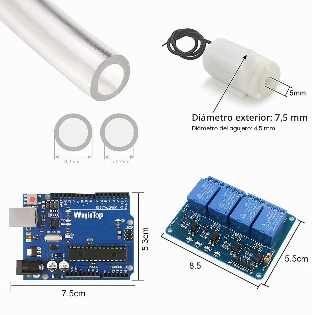 Sistema de Riego Automático DIY Kit, Desarrollo Placa + 4 Canal 5V Relé + 4pcs Sensor de Humedad del Suelo + 4pcs Mini Bomba de Agua DC 3V 5V + 5M Tubería Agua PVC + Jumper Cable