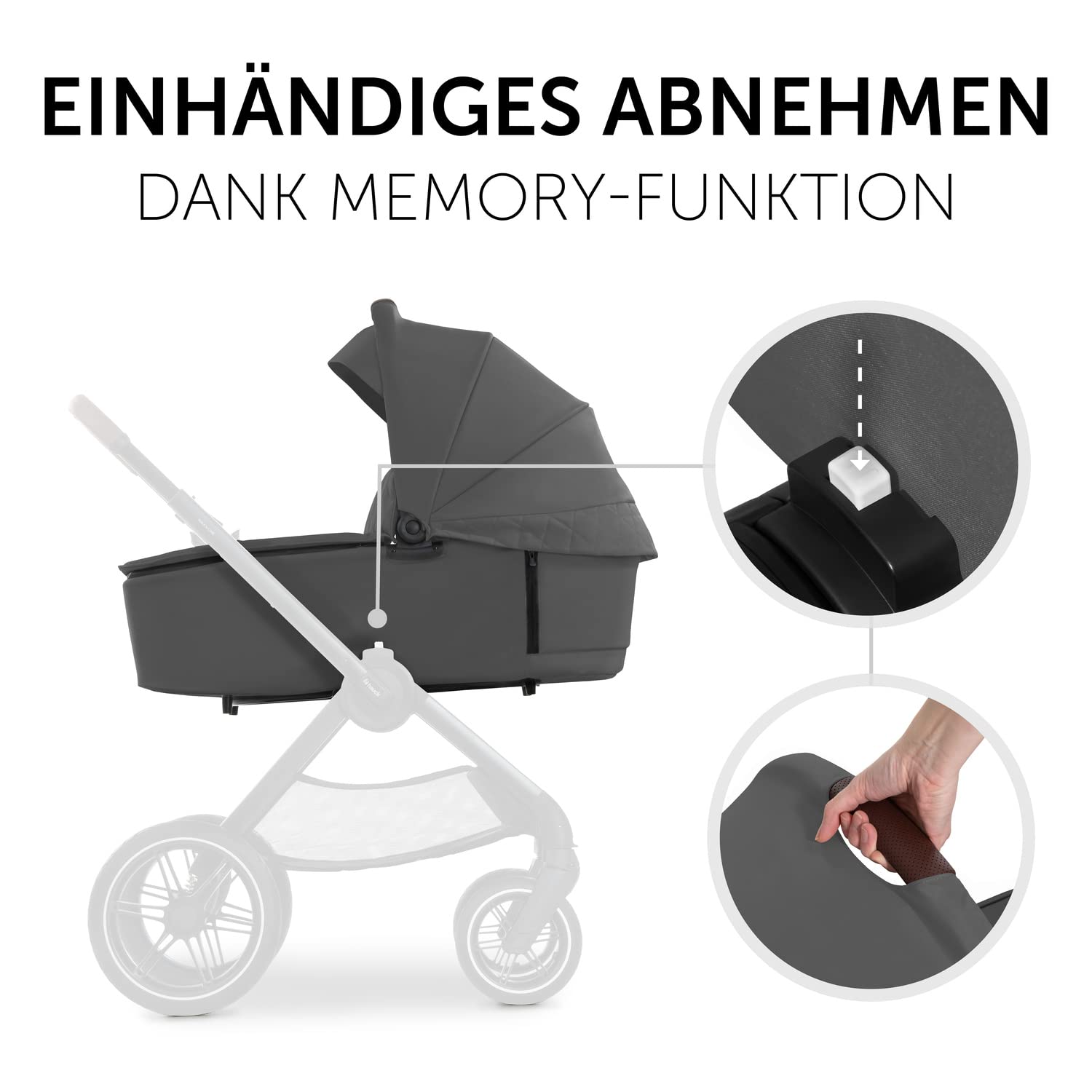 hauck Walk N Care Capazo Bebe Premium, para Recién Nacidos hasta 9 kg, Fácil Fijación al Chasis, Fácil Extracción, Ventana Panorámica XXL, Protección UV50, Plegable con una Mano, Gris Oscuro, 16542