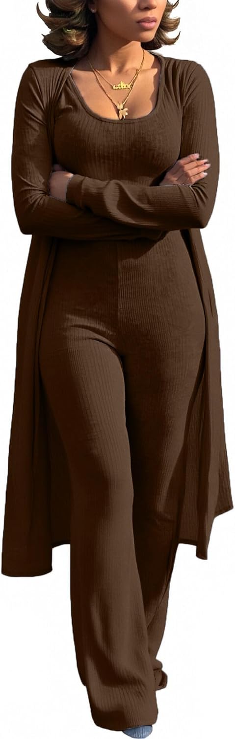 LKOUS Womens 3 Piece Lounge Sets Tank Tops Stretch Pants and Open Front Long Cardigan Loungewear 2026 - Image 6