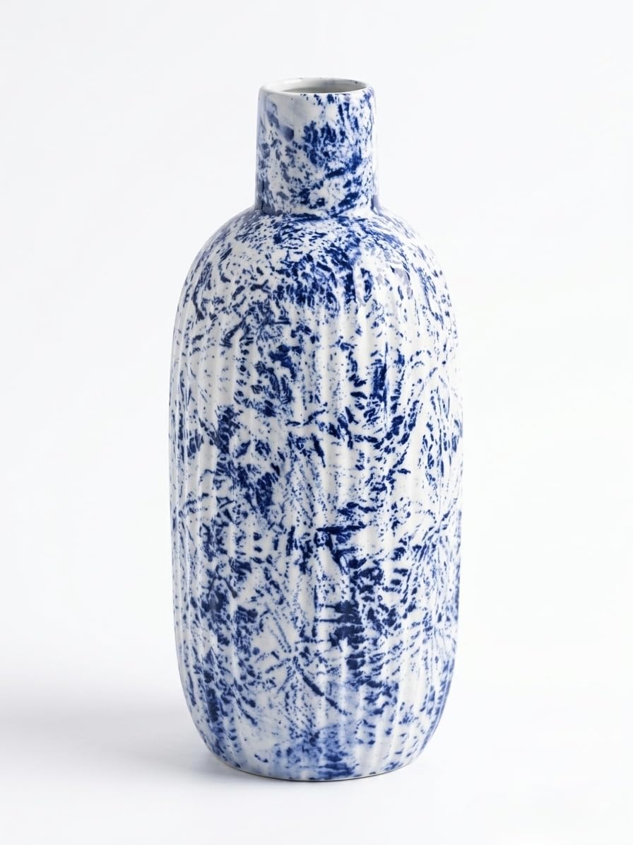 Modern Blue and White Marbled Ceramic Bottle Vase - 9-Inch Decorative Flower Vase for Home Decor, Living Room, Bedroom, Study Room, Centertable, Gift. Style with Pampas Grass Boho Artistic Design
