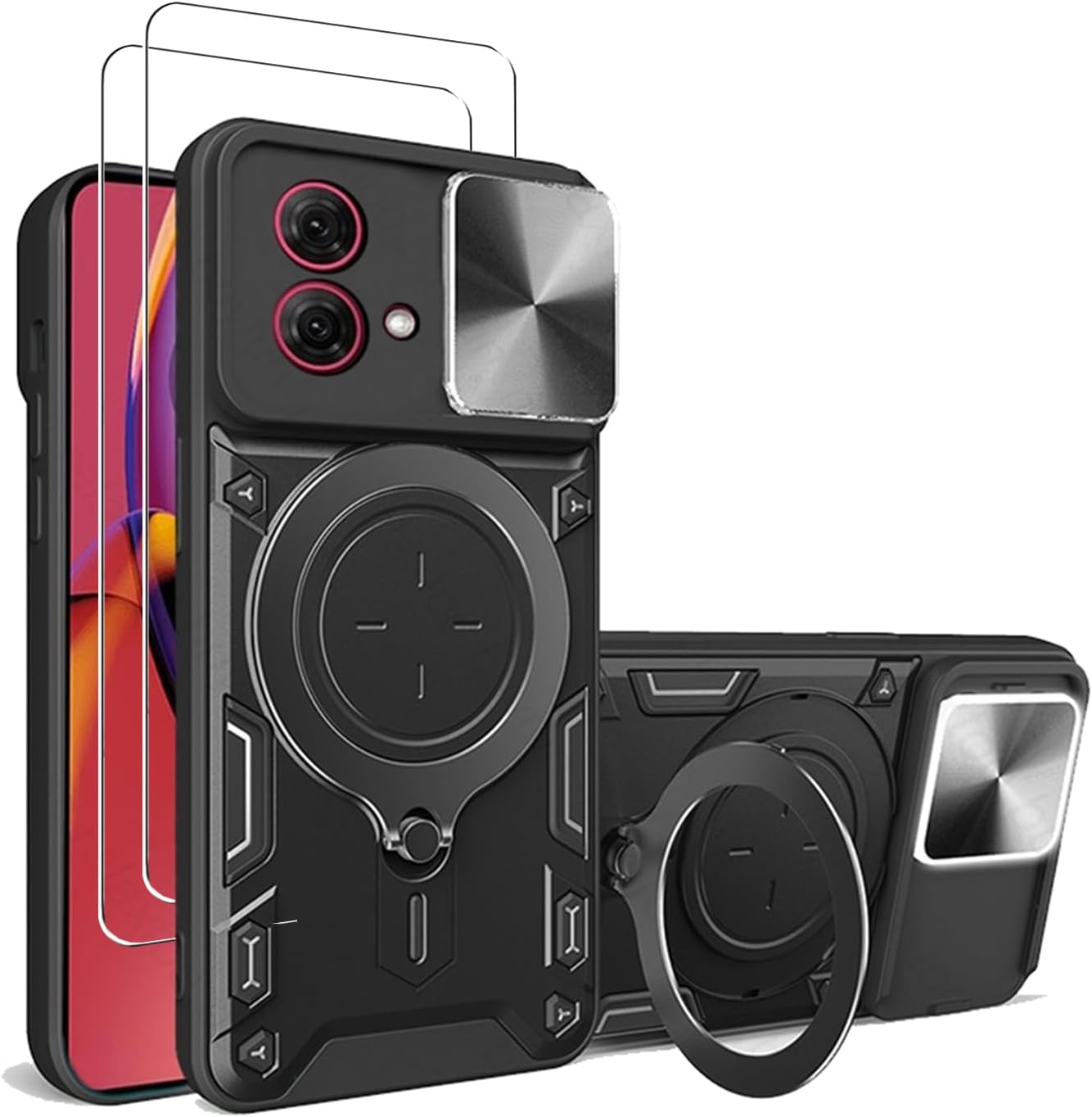 for Motorola Moto G54 5G Case Cover with Screen Protector [2 PACK] Slide Window Cover with Built-in Magnetic Kickstand Camera Protection Case - Black