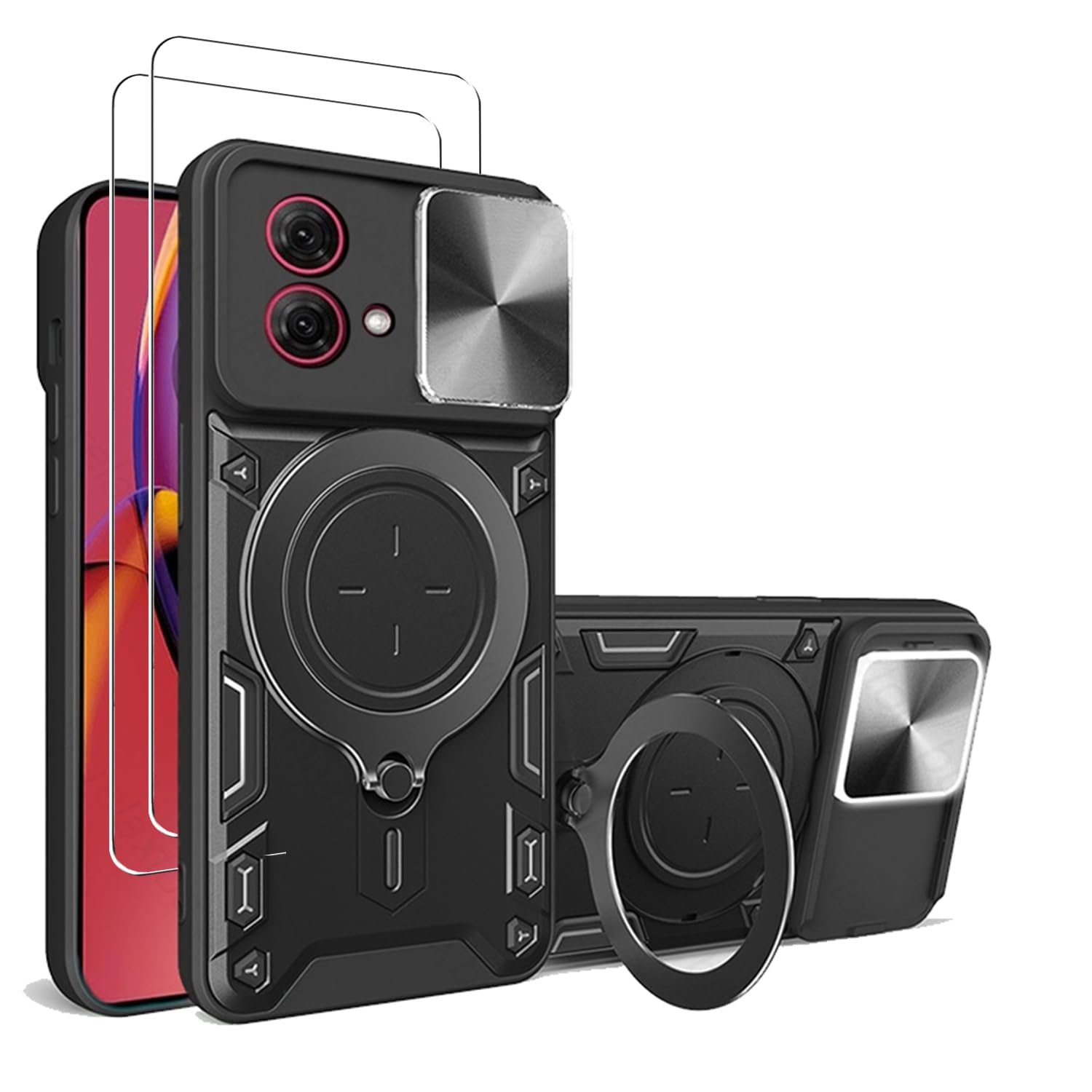 WRTBS for Motorola Moto G54 5G Case Cover with Screen Protector [2 PACK] Slide Window Cover with Built-in Magnetic Kickstand Camera Protection Case - Black