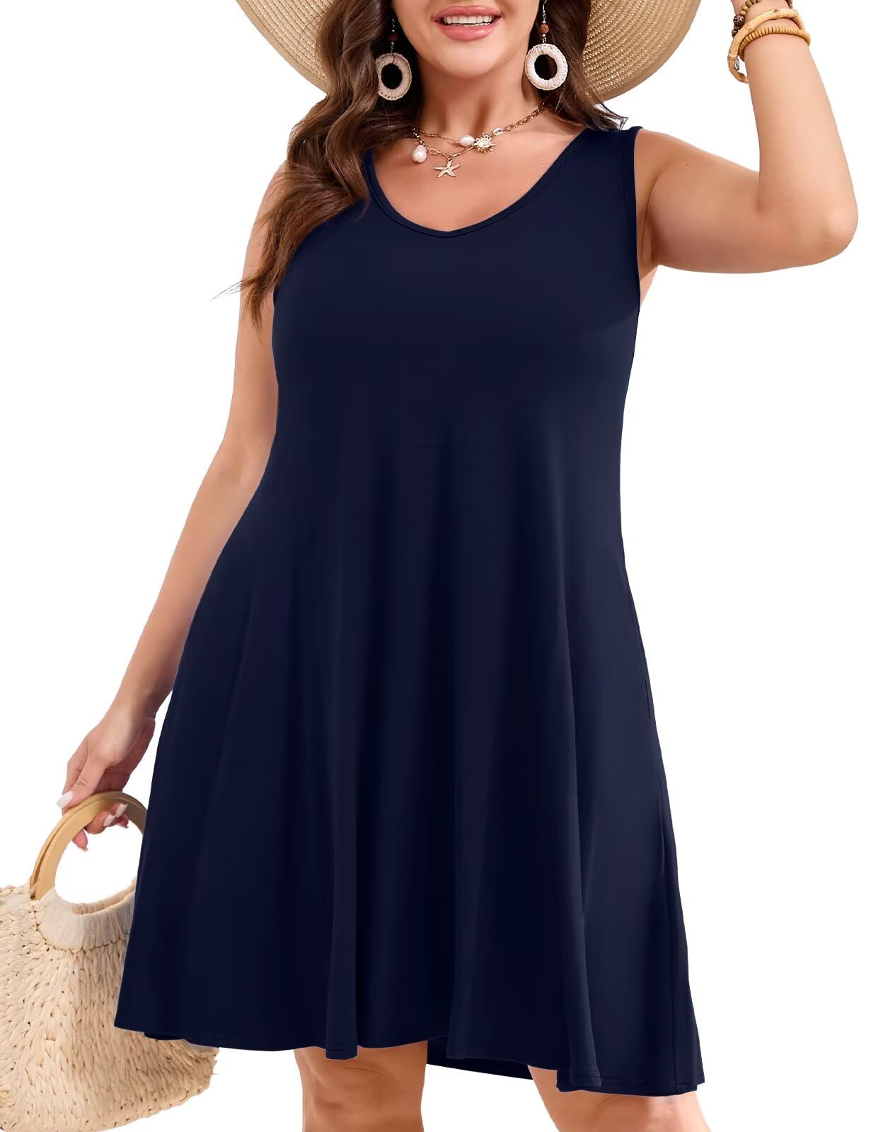 JollieLovin Women Plus Size Curvy Summer Tank Sun Dresses Sleeveless Causal T-Shirt Dress Beach Swing Cover up(L-5X)