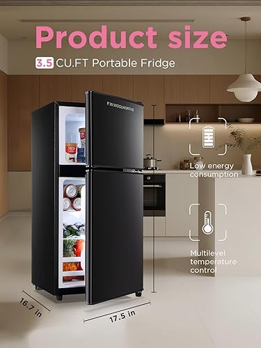 Miniatura 2 de Refrigerador compacto de 3.5 pies cúbicos con congelador, mini refrigerador de 2 puertas, termostato ajustable, para dormitorio, oficina,