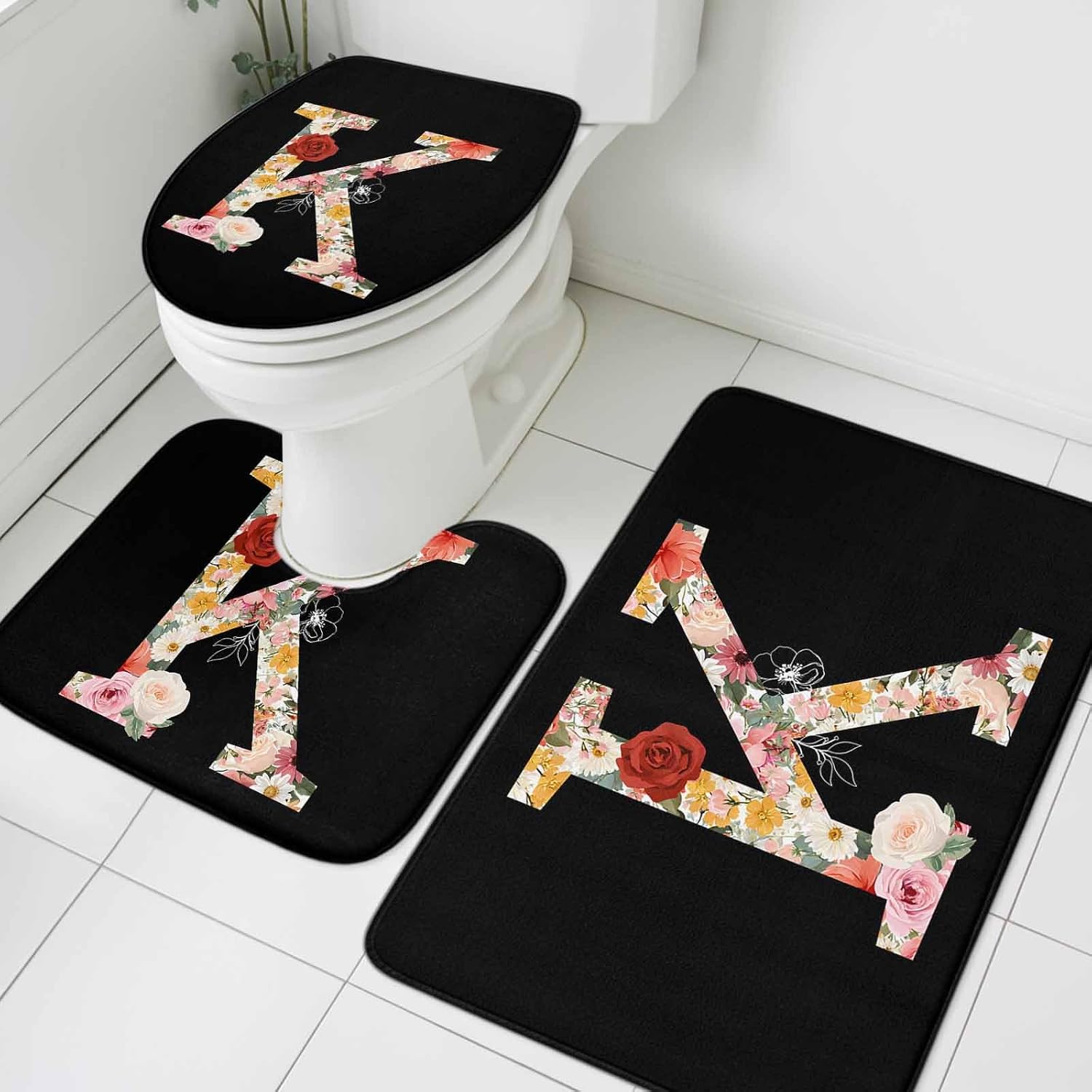 Black Letter K Flower Bathroom Rugs Set Watercolor Alphabet K Pink Beige Floral Leaf Non Slip Absorbent Soft Bath Mats 3 Piece Set with Bathroom Rug, U-Shaped Floor Mat, Toilet Seat Cover Large Size